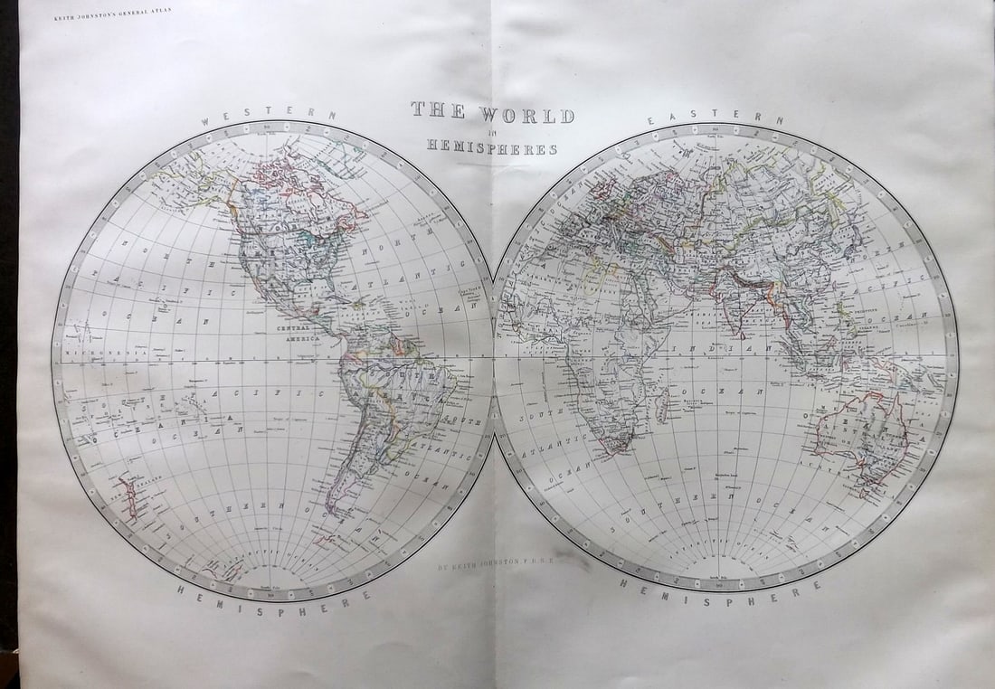 Johnston, Alexander C1865 LG Antique Map. The World in Hemispheres (1 of 1)