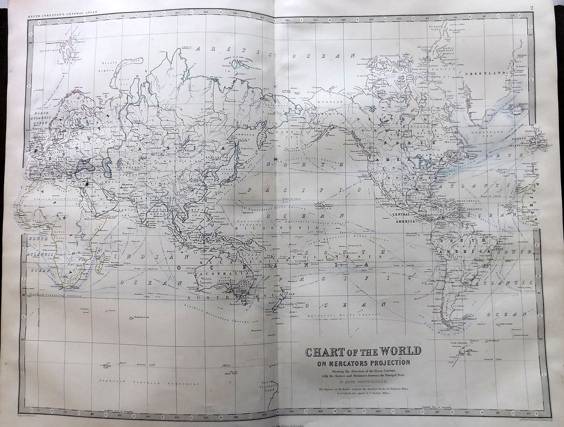 Johnston, Alexander C1865 LG Antique Map. World on Mercator's Projection: Large Folio Steel Engraved Map Published C1865 Edinburgh & London for "The Royal Atlas of Modern Geography" by Alexander Keith Johnston and T. B. Johnston. Centre Fold as published. Paper Size: 24.5 x