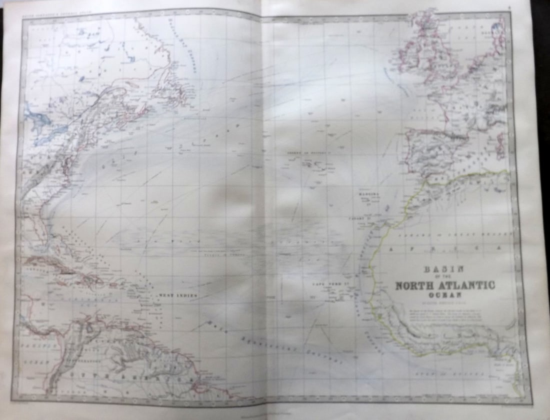 Johnston, Alexander C1865 LG Antique Map. Basin of the North Atlantic. USA etc: Large Folio Steel Engraved Map Published C1865 Edinburgh & London for "The Royal Atlas of Modern Geography" by Alexander Keith Johnston and T. B. Johnston. Centre Fold as published. Paper Size: 24.5 x