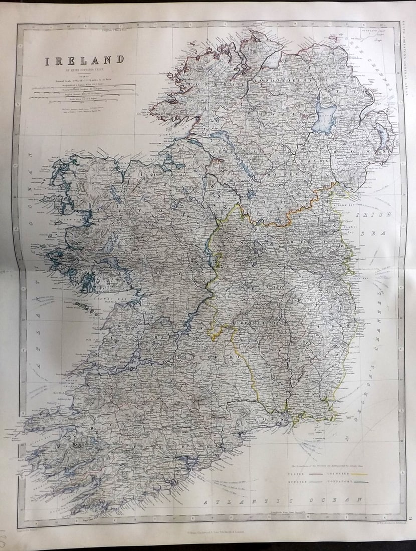 Johnston, Alexander C1865 LG Antique Map. Ireland: Large Folio Steel Engraved Map Published C1865 Edinburgh & London for "The Royal Atlas of Modern Geography" by Alexander Keith Johnston and T. B. Johnston. Centre Fold as published. Paper Size: 24.5 x