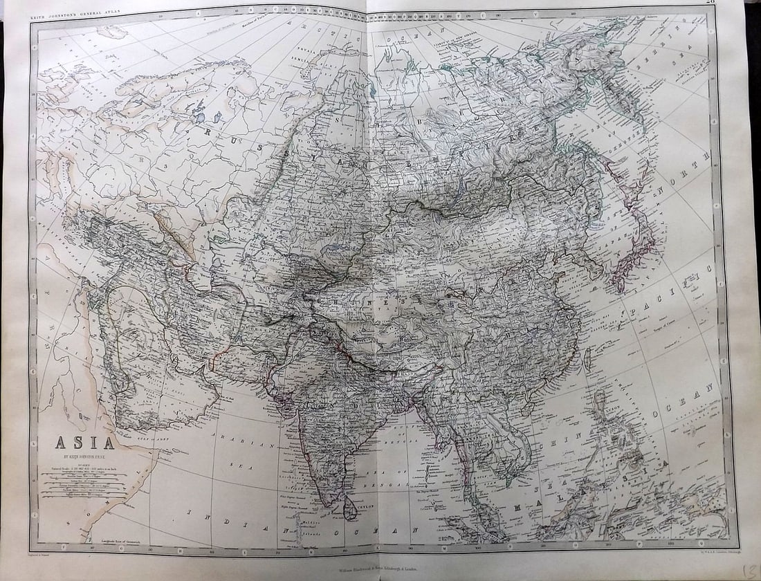Johnston, Alexander C1865 LG Antique Map. Asia: Large Folio Steel Engraved Map Published C1865 Edinburgh & London for "The Royal Atlas of Modern Geography" by Alexander Keith Johnston and T. B. Johnston. Centre Fold as published. Paper Size: 24.5 x