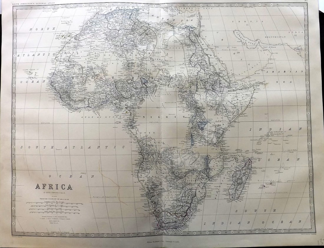 Johnston, Alexander C1865 LG Antique Map. Africa: Large Folio Steel Engraved Map Published C1865 Edinburgh & London for "The Royal Atlas of Modern Geography" by Alexander Keith Johnston and T. B. Johnston. Centre Fold as published. Paper Size: 24.5 x
