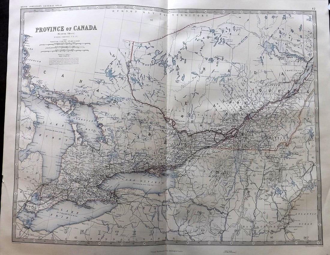 Johnston, Alexander C1865 LG Antique Map. Province of Canada - Western Sheet: Large Folio Steel Engraved Map Published C1865 Edinburgh & London for "The Royal Atlas of Modern Geography" by Alexander Keith Johnston and T. B. Johnston. Centre Fold as published. Paper Size: 24.5 x