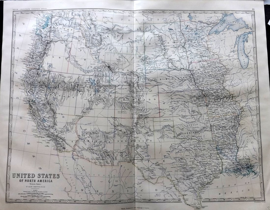 Johnston, Alexander C1865 LG Antique Map. United States of North America - Western Sheet: Large Folio Steel Engraved Map Published C1865 Edinburgh & London for "The Royal Atlas of Modern Geography" by Alexander Keith Johnston and T. B. Johnston. Centre Fold as published. Paper Size: 24.5 x