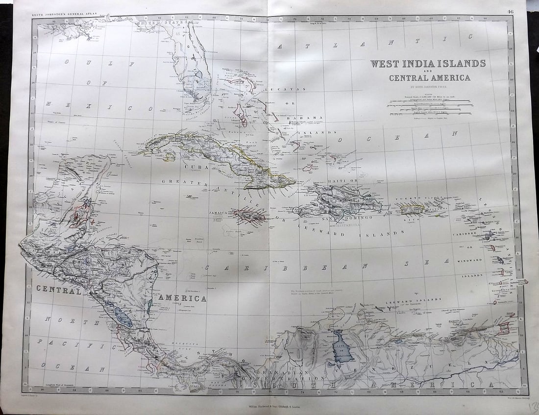 Johnston, Alexander C1865 LG Antique Map. West Indies Caribbean: Large Folio Steel Engraved Map Published C1865 Edinburgh & London for "The Royal Atlas of Modern Geography" by Alexander Keith Johnston and T. B. Johnston. Centre Fold as published. Paper Size: 24.5 x