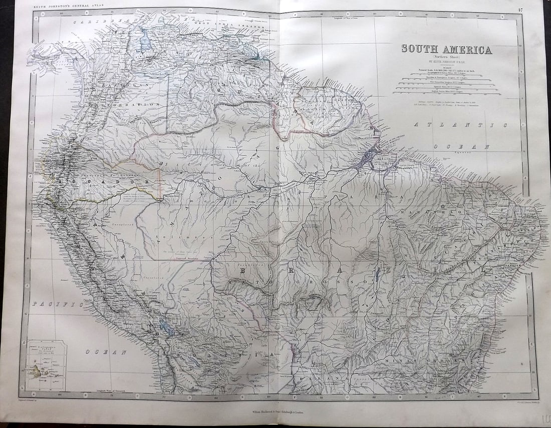 Johnston, Alexander C1865 LG Antique Map. South America - Northern Sheet: Large Folio Steel Engraved Map Published C1865 Edinburgh & London for "The Royal Atlas of Modern Geography" by Alexander Keith Johnston and T. B. Johnston. Centre Fold as published. Paper Size: 24.5 x