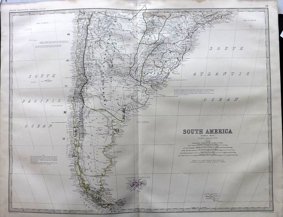 Johnston, Alexander C1865 LG Antique Map. South America - Southern Sheet: Large Folio Steel Engraved Map Published C1865 Edinburgh & London for "The Royal Atlas of Modern Geography" by Alexander Keith Johnston and T. B. Johnston. Centre Fold as published. Paper Size: 24.5 x