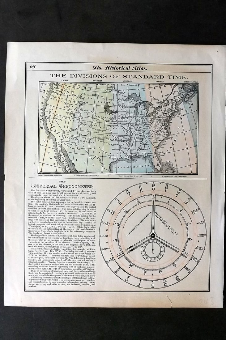 Historical Atlas C1896 Antique Map. USA - Divisions of Standard Time & Universal Chronometer (1 of 1)
