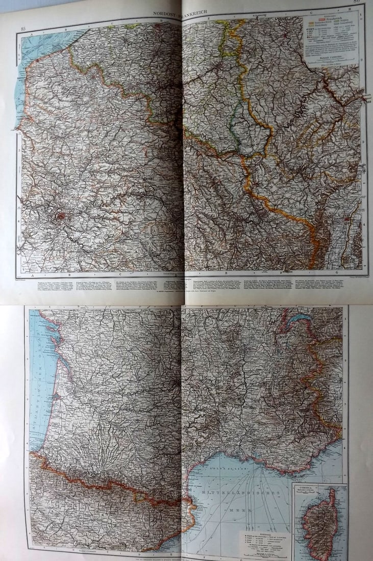 Andree, Richard 1896 Lot of 9 Large Maps. France: Large Folio Lithograph Maps Published 1896, Bielefeld & Leipzig for "Andrees Allgemeiner Handatlas" by Richard Andree. Centre fold as published. Paper Size: 22 x 17 inch (56 x 43cm) Good Condition