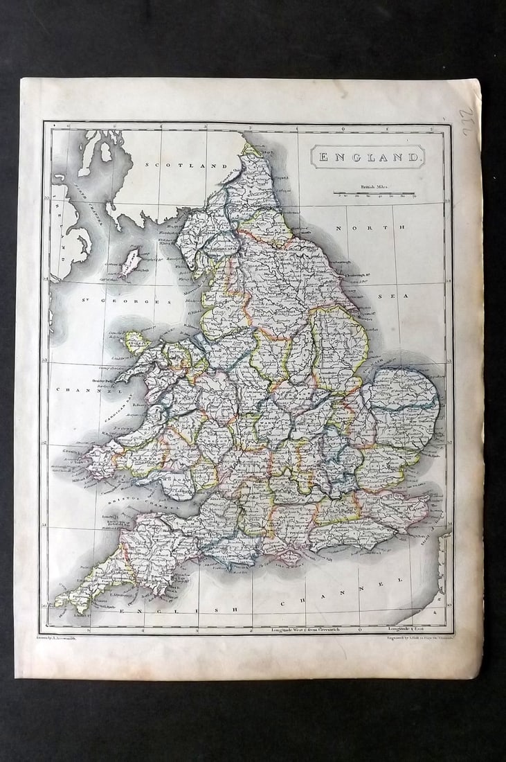 Arrowsmith, Aaron C1830 Antique Map. England: Copper Engraved Map with Outline Hand Color Published C1830 by J. F. Chidley, London for "A New General Atlas" by Aaron Arrowsmith. Engraved Sidney Hall. Paper Size: 11.5 x 9.5 inch (29 x 24cm) Very m