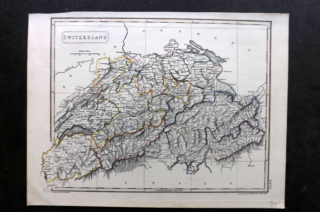 Arrowsmith, Aaron C1830 Antique Map. Switzerland: Copper Engraved Map with Outline Hand Color Published C1830 by J. F. Chidley, London for "A New General Atlas" by Aaron Arrowsmith. Engraved Sidney Hall. Paper Size: 11.5 x 9.5 inch (29 x 24cm) Good C