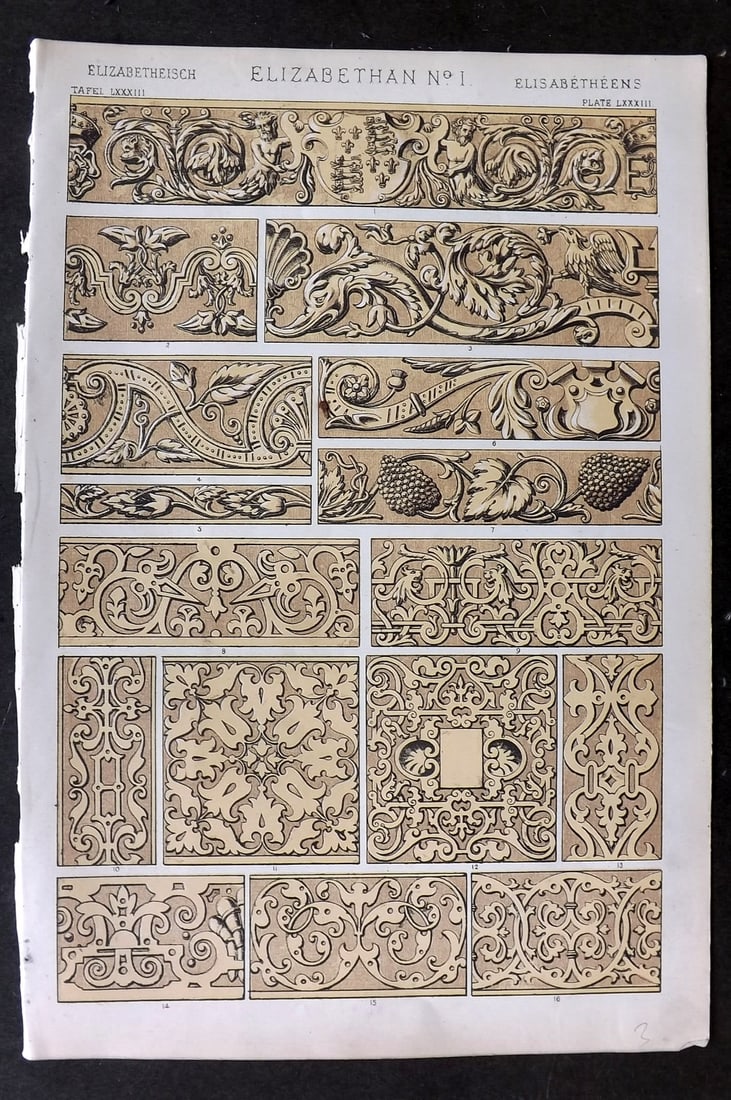 Jones, Owen 1868 Design Print. Elizabethan No. 1: Chromolithograph Published 1868 by Bernard Quaritch, London for "The Grammar of Ornament" by Owen Jones. Paper Size: 13 x 9 inch (33 x 23cm) Good Condition