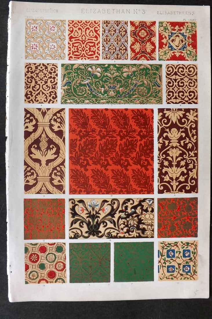 Jones, Owen 1868 Design Print. Elizabethan No. 3: Chromolithograph Published 1868 by Bernard Quaritch, London for "The Grammar of Ornament" by Owen Jones. Paper Size: 13 x 9 inch (33 x 23cm) Good Condition