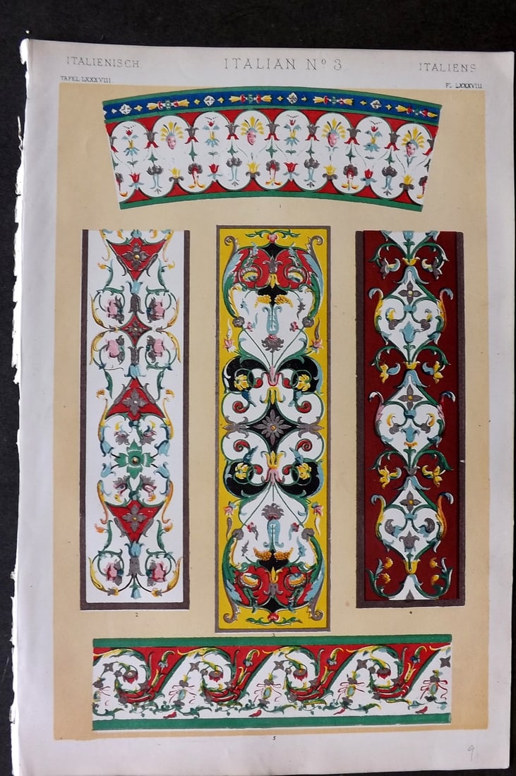 Jones, Owen 1868 Design Print. Italian No. 3: Chromolithograph Published 1868 by Bernard Quaritch, London for "The Grammar of Ornament" by Owen Jones. Paper Size: 13 x 9 inch (33 x 23cm) Good Condition