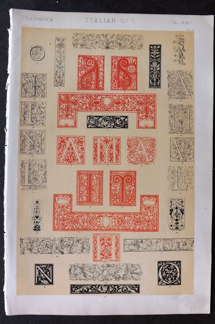Jones, Owen 1868 Design Print. Italian No. 5: Chromolithograph Published 1868 by Bernard Quaritch, London for "The Grammar of Ornament" by Owen Jones. Paper Size: 13 x 9 inch (33 x 23cm) Good Condition