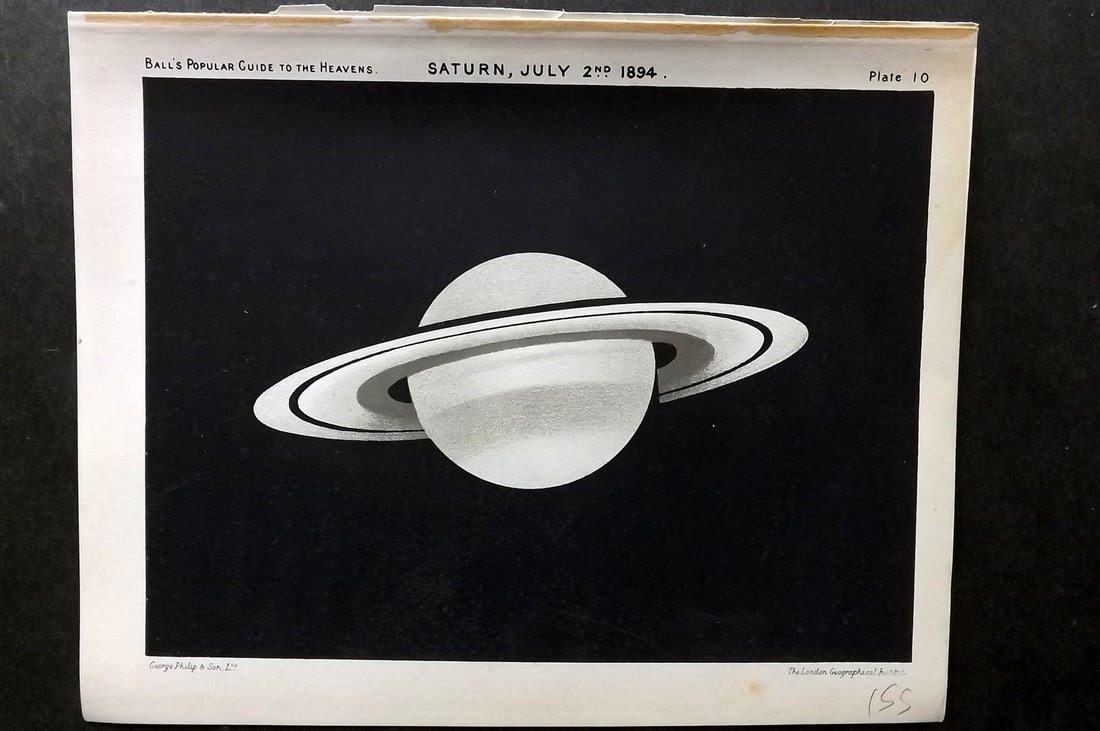 Ball, Robert 1905 Astronomy Celestial Print. Saturn, July 2nd 1894 10: Lithograph Published 1905, London for "A Popular Guide to the Heavens" by Robert Ball. Paper Size: 8 x 6.5 inch (20 x 17cm) Good Condition