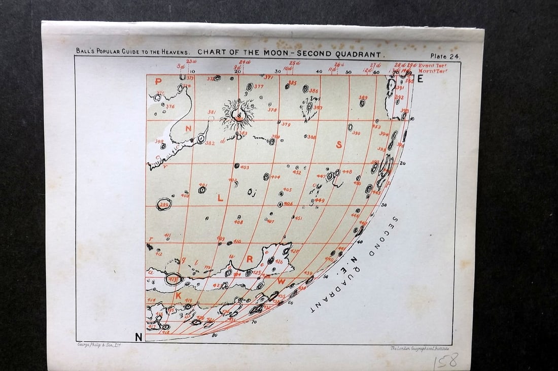 Ball, Robert 1905 Astronomy Celestial Print. Chart of the Moon - Second Quadrant 24: Lithograph Published 1905, London for "A Popular Guide to the Heavens" by Robert Ball. Paper Size: 8 x 6.5 inch (20 x 17cm) Very minor margin toning. Good Condition