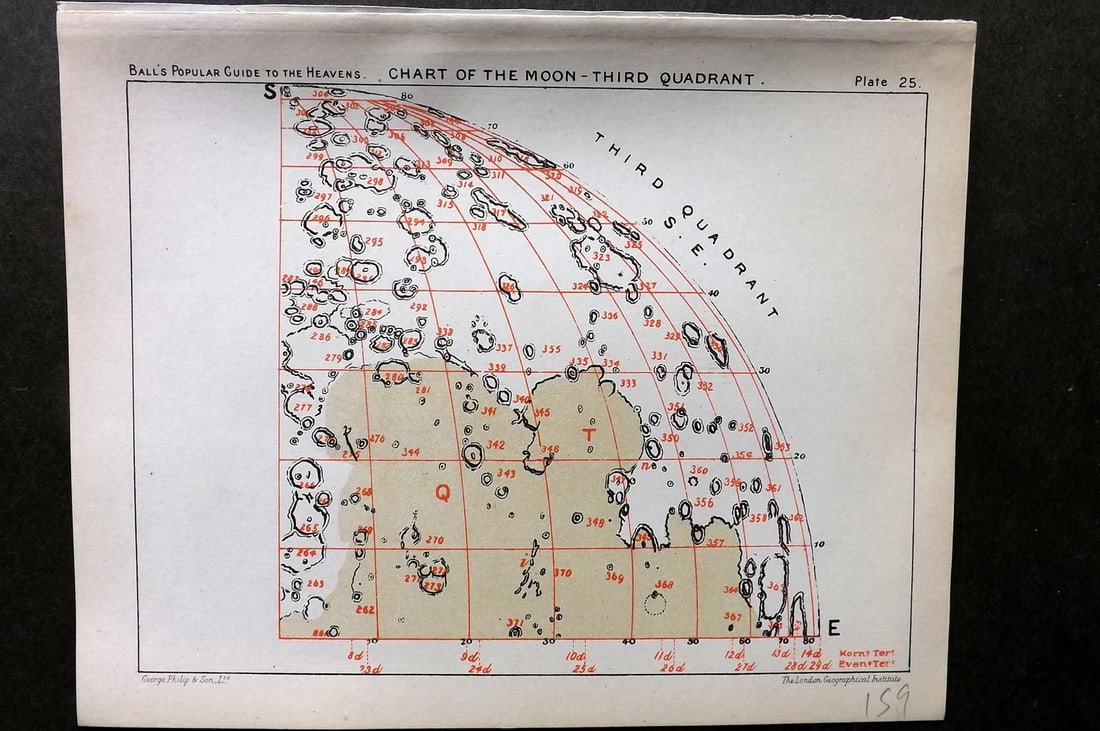 Ball, Robert 1905 Astronomy Celestial Print. Chart of the Moon - Third Quadrant 25 (1 of 1)