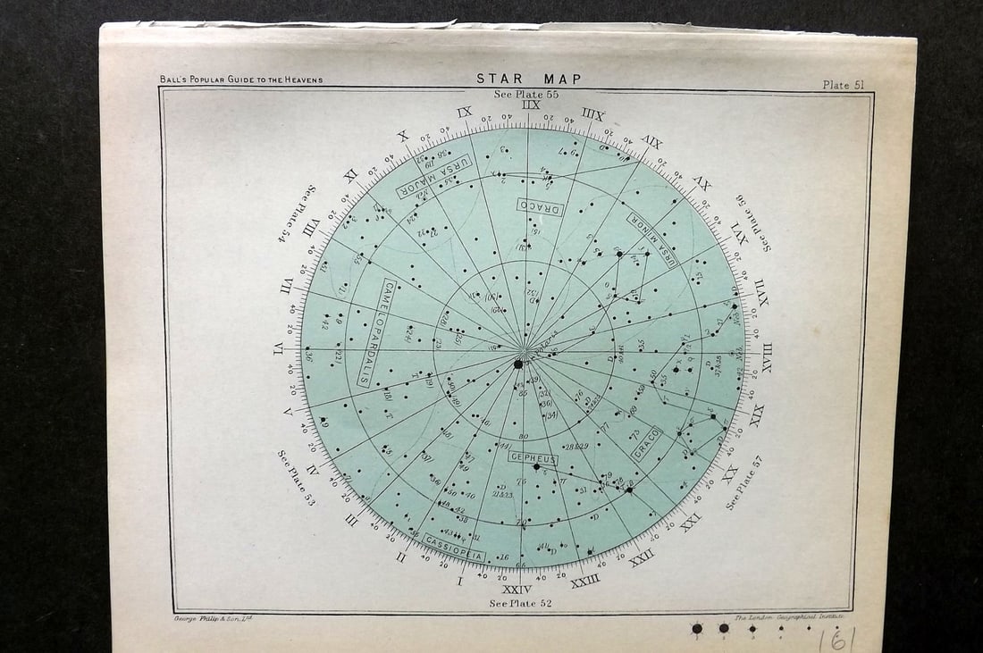 Ball, Robert 1905 Astronomy Celestial Print. Star Map 51: Lithograph Published 1905, London for "A Popular Guide to the Heavens" by Robert Ball. Paper Size: 8 x 6.5 inch (20 x 17cm) Good Condition