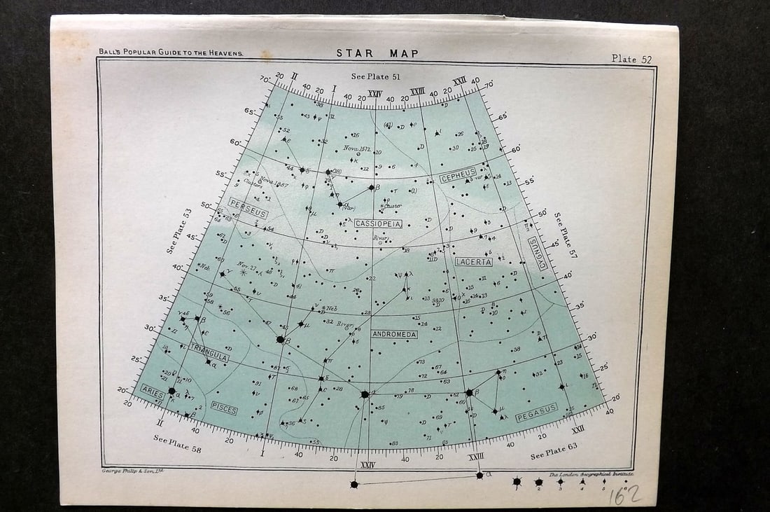 Ball, Robert 1905 Astronomy Celestial Print. Star Map 52: Lithograph Published 1905, London for "A Popular Guide to the Heavens" by Robert Ball. Paper Size: 8 x 6.5 inch (20 x 17cm) Good Condition