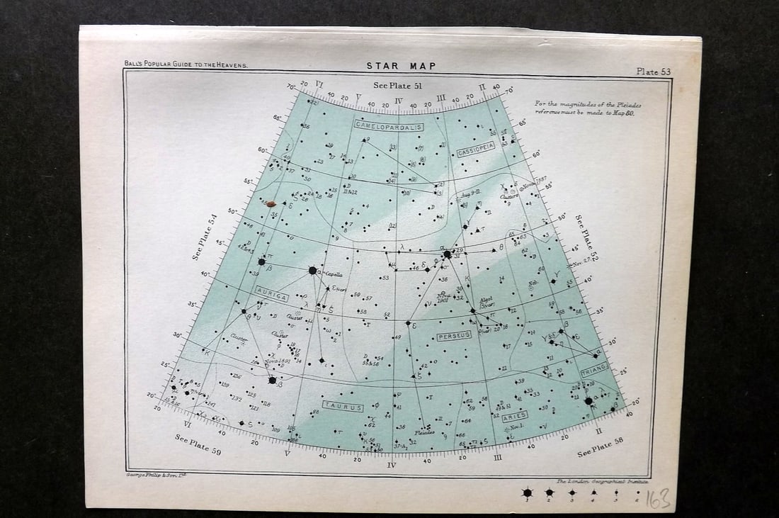 Ball, Robert 1905 Astronomy Celestial Print. Star Map 53: Lithograph Published 1905, London for "A Popular Guide to the Heavens" by Robert Ball. Paper Size: 8 x 6.5 inch (20 x 17cm) Good Condition