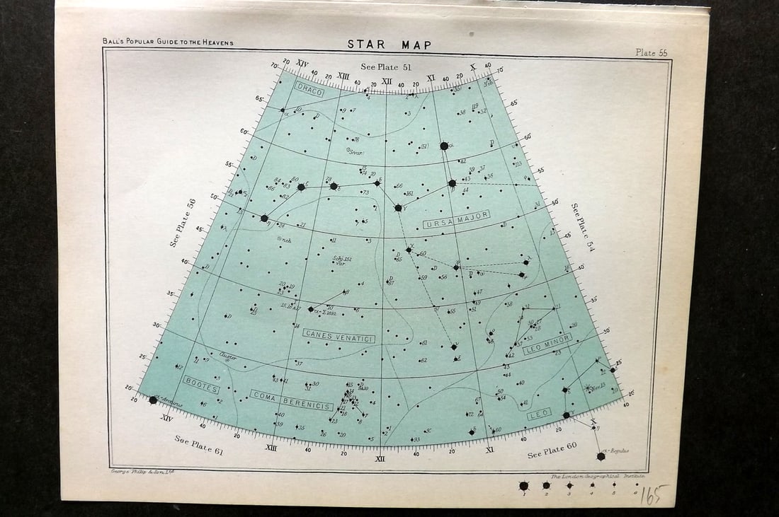 Ball, Robert 1905 Astronomy Celestial Print. Star Map 55: Lithograph Published 1905, London for "A Popular Guide to the Heavens" by Robert Ball. Paper Size: 8 x 6.5 inch (20 x 17cm) Good Condition