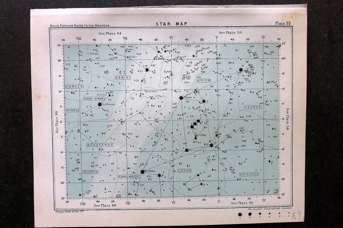 Ball, Robert 1905 Astronomy Celestial Print. Star Map 59: Lithograph Published 1905, London for "A Popular Guide to the Heavens" by Robert Ball. Paper Size: 8 x 6.5 inch (20 x 17cm) Good Condition