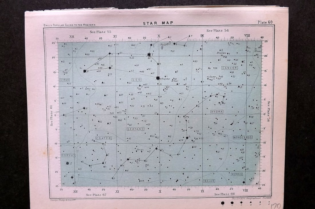 Ball, Robert 1905 Astronomy Celestial Print. Star Map 60: Lithograph Published 1905, London for "A Popular Guide to the Heavens" by Robert Ball. Paper Size: 8 x 6.5 inch (20 x 17cm) Good Condition