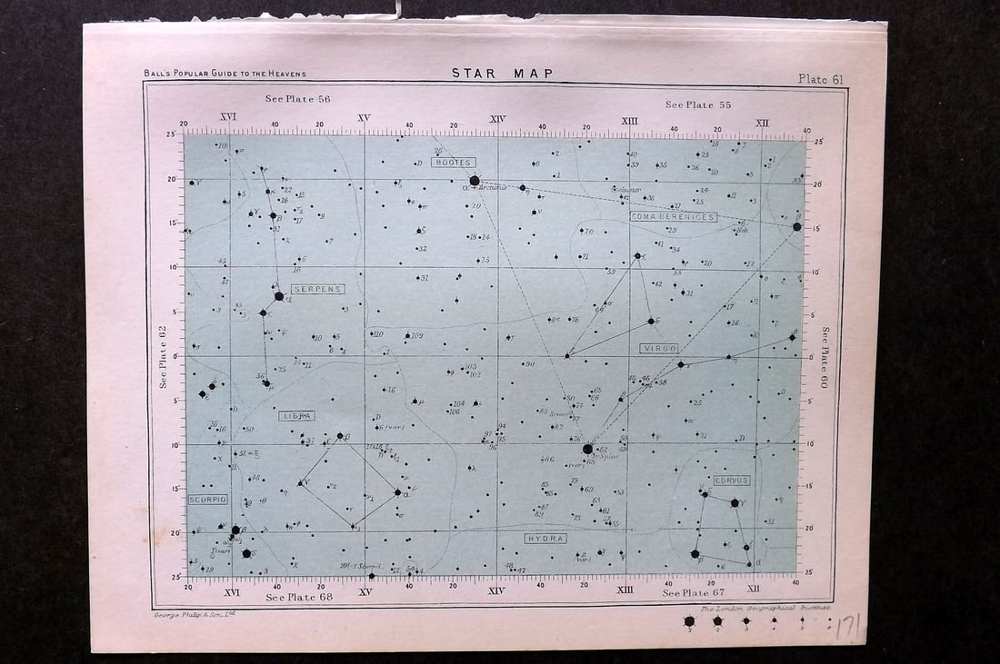 Ball, Robert 1905 Astronomy Celestial Print. Star Map 61: Lithograph Published 1905, London for "A Popular Guide to the Heavens" by Robert Ball. Paper Size: 8 x 6.5 inch (20 x 17cm) Good Condition