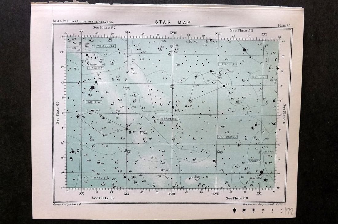 Ball, Robert 1905 Astronomy Celestial Print. Star Map 62: Lithograph Published 1905, London for "A Popular Guide to the Heavens" by Robert Ball. Paper Size: 8 x 6.5 inch (20 x 17cm) Good Condition