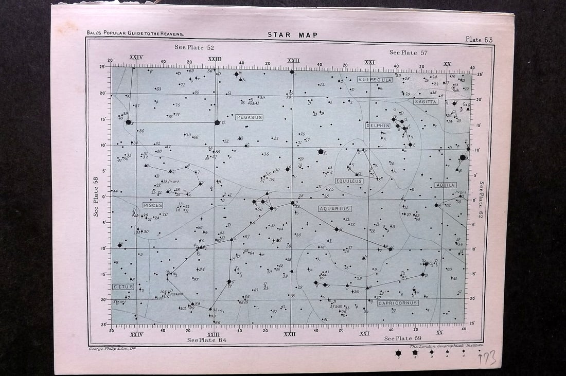 Ball, Robert 1905 Astronomy Celestial Print. Star Map 63: Lithograph Published 1905, London for "A Popular Guide to the Heavens" by Robert Ball. Paper Size: 8 x 6.5 inch (20 x 17cm) Good Condition