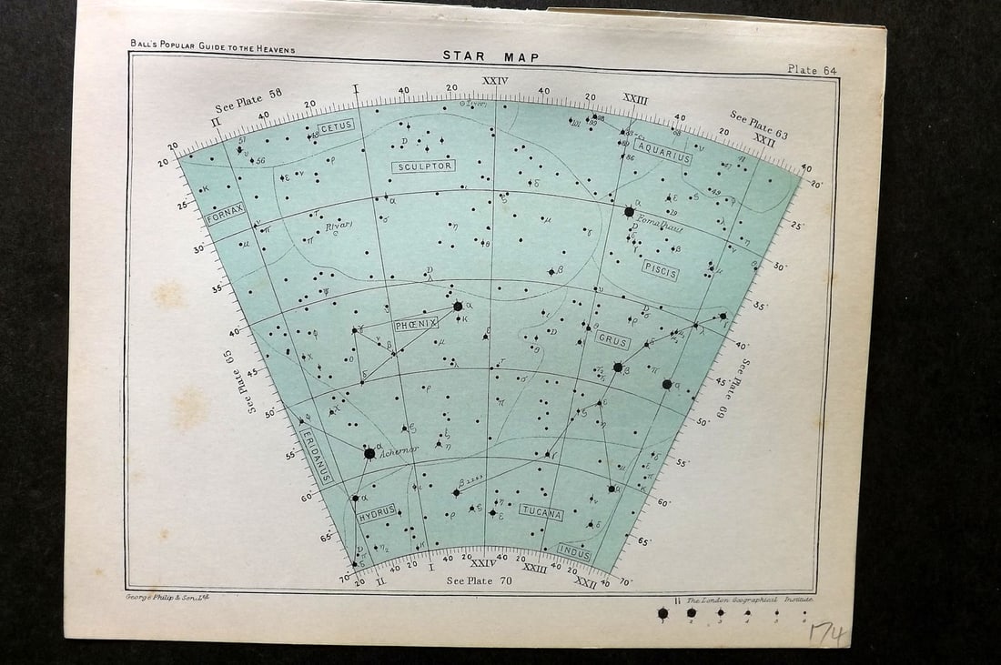 Ball, Robert 1905 Astronomy Celestial Print. Star Map 64: Lithograph Published 1905, London for "A Popular Guide to the Heavens" by Robert Ball. Paper Size: 8 x 6.5 inch (20 x 17cm) Very minor toning. Good Condition