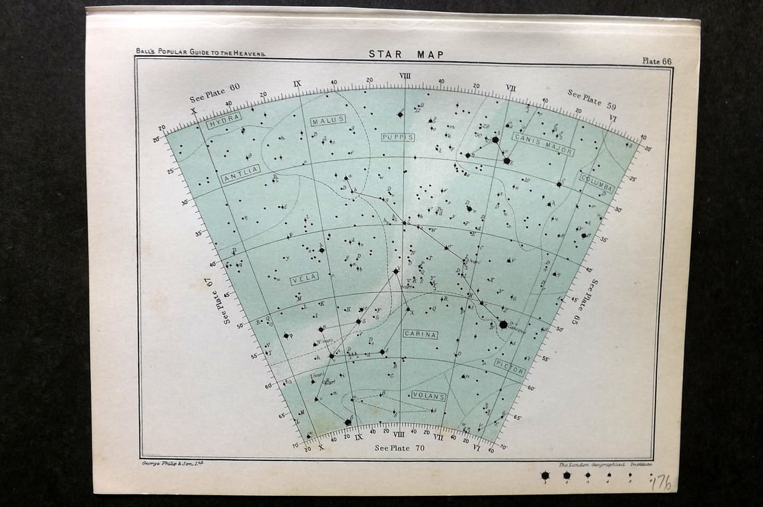 Ball, Robert 1905 Astronomy Celestial Print. Star Map 66: Lithograph Published 1905, London for "A Popular Guide to the Heavens" by Robert Ball. Paper Size: 8 x 6.5 inch (20 x 17cm) Good Condition
