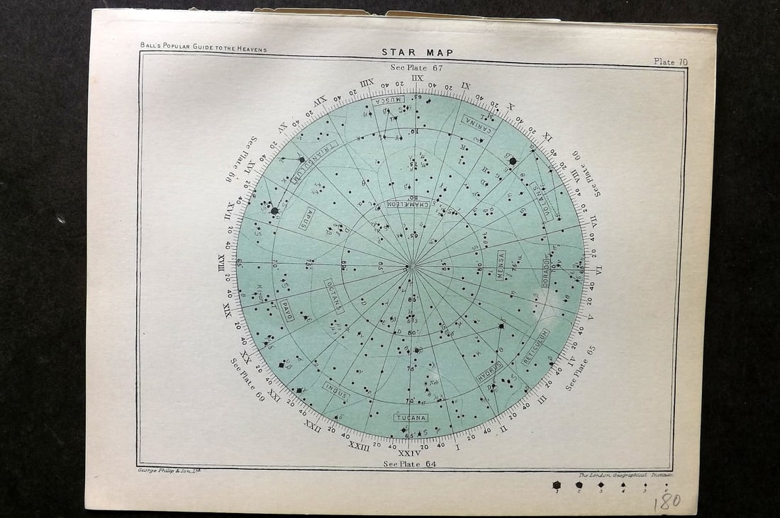 Ball, Robert 1905 Astronomy Celestial Print. Star Map 70: Lithograph Published 1905, London for "A Popular Guide to the Heavens" by Robert Ball. Paper Size: 8 x 6.5 inch (20 x 17cm) Good Condition