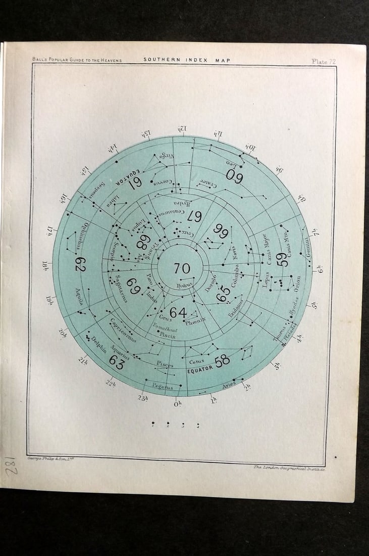 Ball, Robert 1905 Astronomy Celestial Print. Southern Index Map 72 (1 of 1)