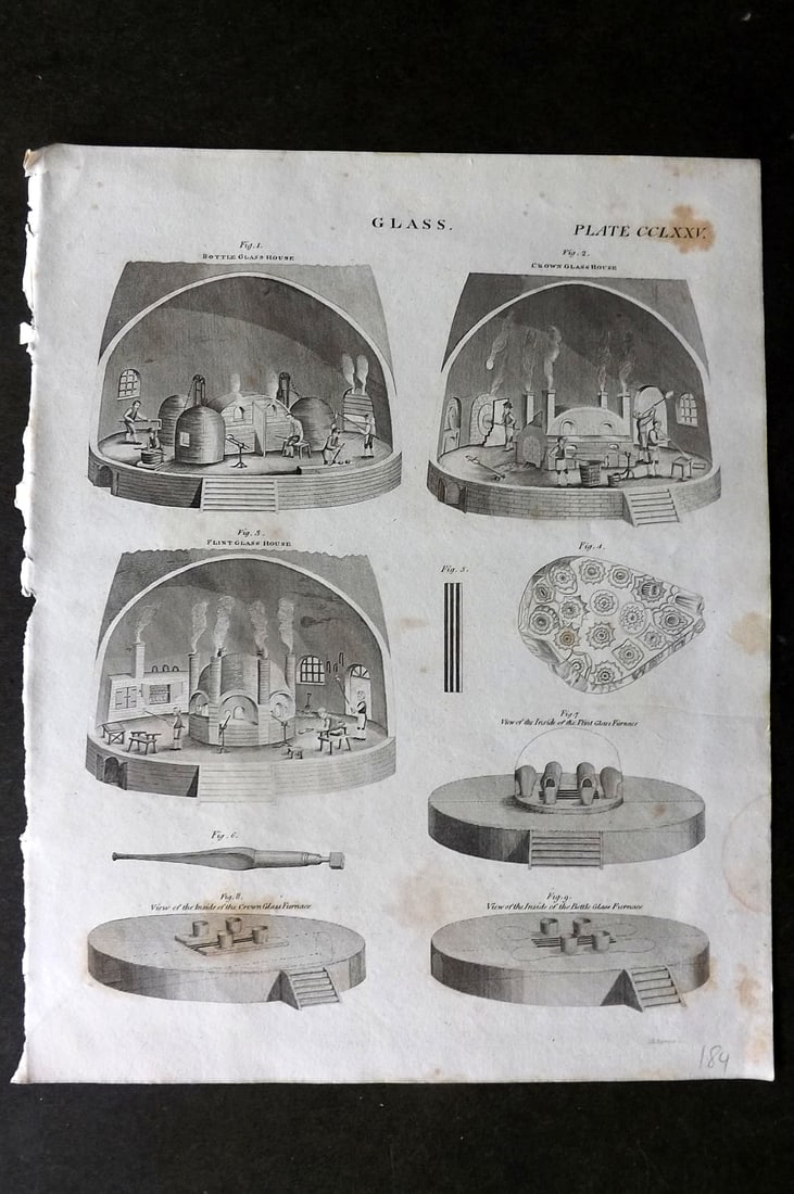 Brewster, David 1824 Print. Glass Blowing 275: Copper Plate Published 1808-1830, Philadelphia & Edinburgh for "The Edinburgh Encyclopaedia" Conducted by David Brewster. Paper Size: 10.5 x 8 inch (27 x 21cm) Some toning present