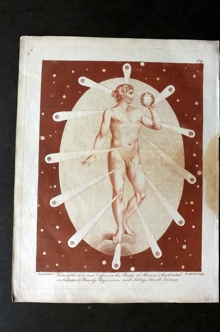 Culpeper, Nicholas C1790 Astronomy Print. Celestial Influx on the Body of Man: Copper Plate with Stipple Published C1790, London for "Culpeper's English Physician" by Nicholas Culpeper. Paper Size: 10 x 8 inch (26 x 20cm) Water stain in right margin. Good Condition