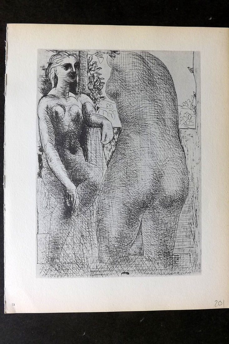 Picasso Vollard Suite 1956 Print. Model and Sculptured Female Torso 73: Vintage Photogravure Published 1956, London for "Picasso's Vollard Suite" First English Edition of 100 Etchings created by Picasso between 1930-37. Printed on Good Quality Paper in Germany. Paper Size
