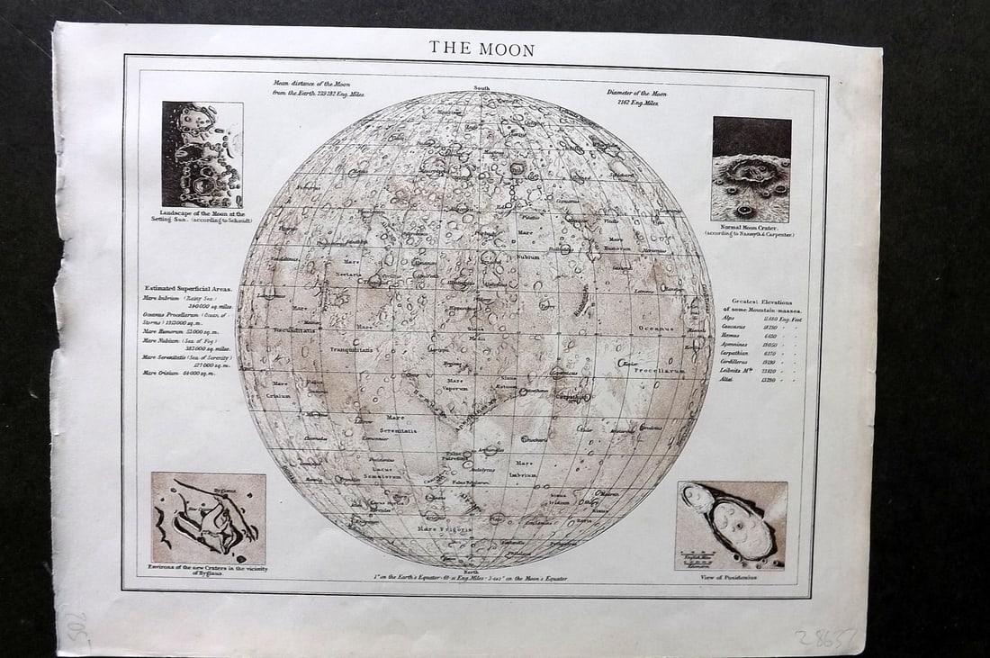 Times Atlas 1895 Astronomy Print. The Moon. Celestial (1 of 1)