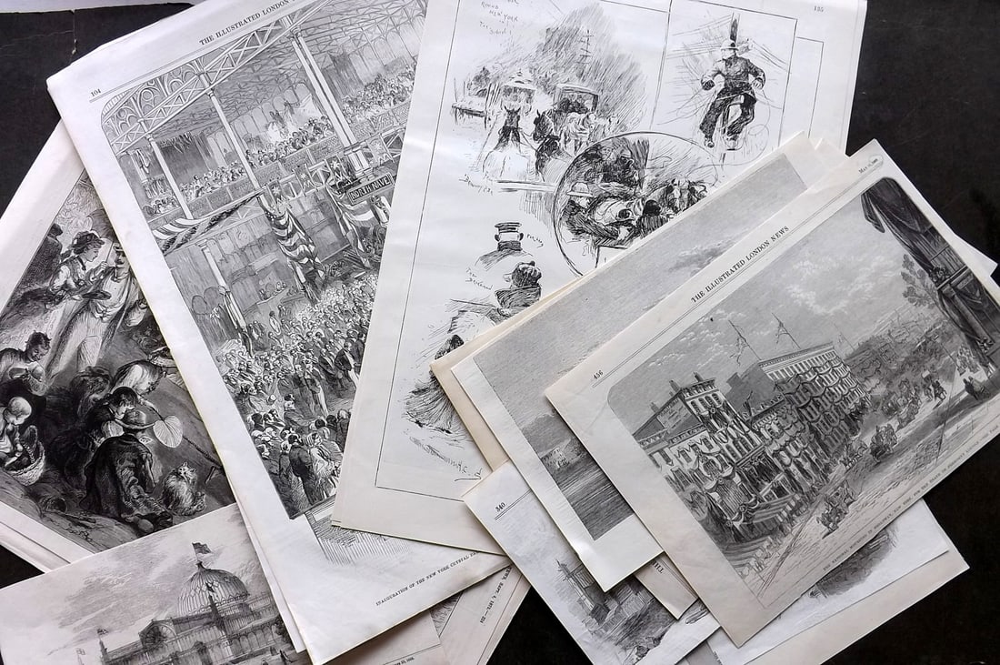 ILN 19th Cent. Lot of 20 Sheets. New York, USA: Wood Engravings with text on the reverse Published 19th Cent, London for "The Illustrated London News" Paper Size: Up to 22 x 16 inch (56 x 40cm) Some Margins trimmed to image. Good Condition. The lar