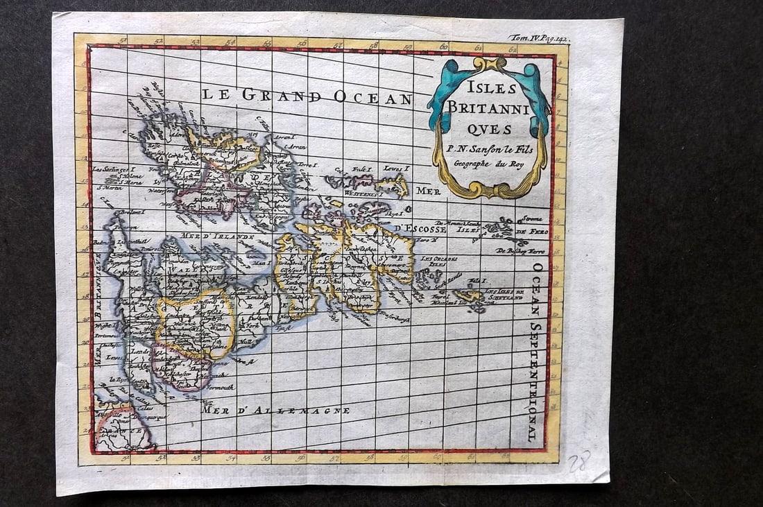 Sanson, Nicolas 1762 Hand Col Map. British Isles. Sideways orientation. Isles Britanniques (1 of 1)