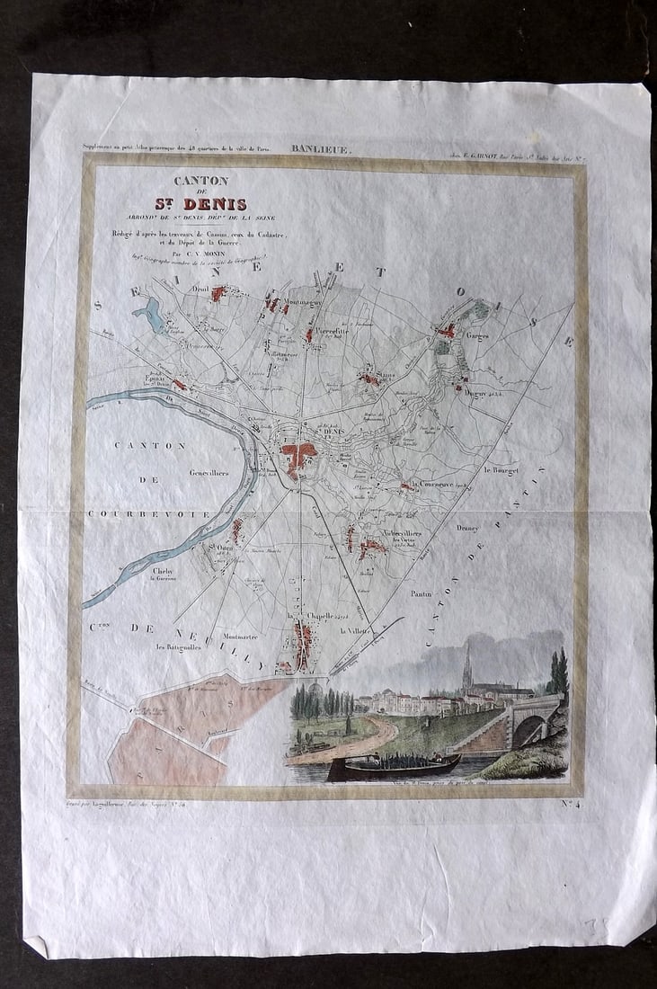 Perrot & Moni 1835 Hand Col Map. Canton de St. Denis, Paris France: Steel Engraved Map Published 1835, Paris for "Supplement au petit atlas pittoresque des 48 quartiers de la ville de Paris" by A. M. Perrot and Charles-V. Monin. Centre fold as published. Paper Size: 1