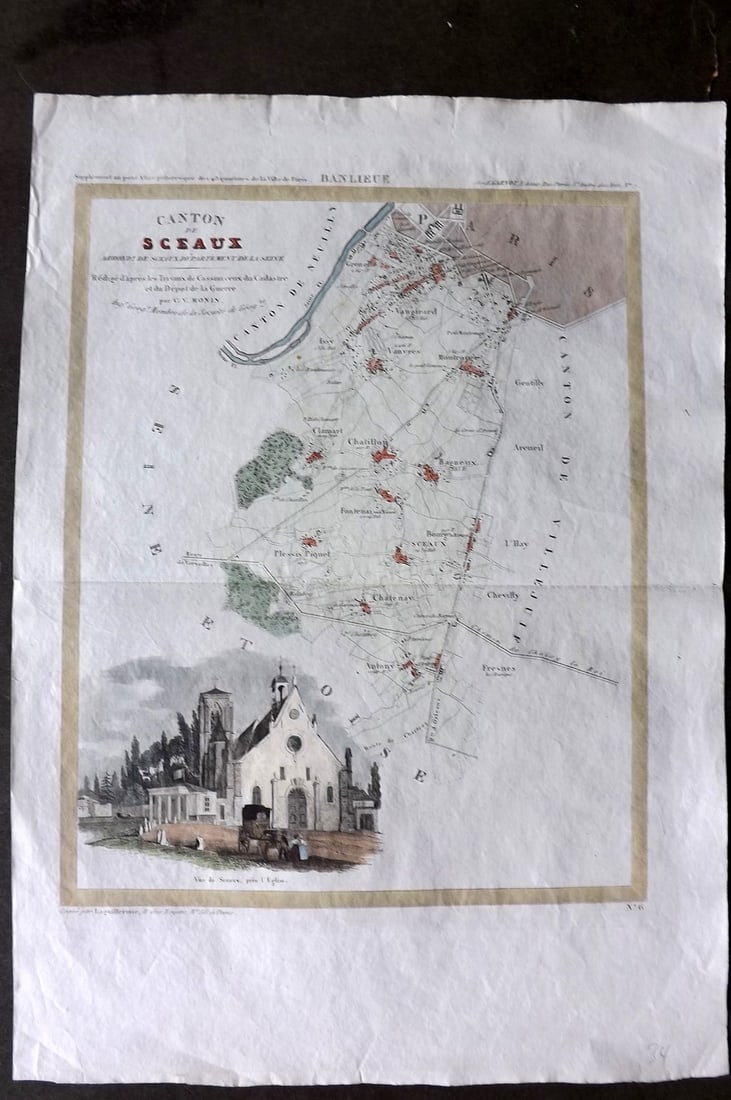 Perrot & Moni 1835 Hand Col Map. Canton de Sceaux, Paris France: Steel Engraved Map Published 1835, Paris for "Supplement au petit atlas pittoresque des 48 quartiers de la ville de Paris" by A. M. Perrot and Charles-V. Monin. Centre fold as published. Paper Size: 1