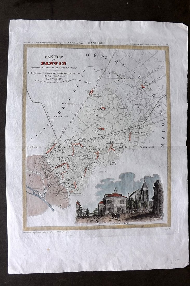 Perrot & Moni 1835 Hand Col Map. Canton de Pantin, Paris France: Steel Engraved Map Published 1835, Paris for "Supplement au petit atlas pittoresque des 48 quartiers de la ville de Paris" by A. M. Perrot and Charles-V. Monin. Centre fold as published. Paper Size: 1