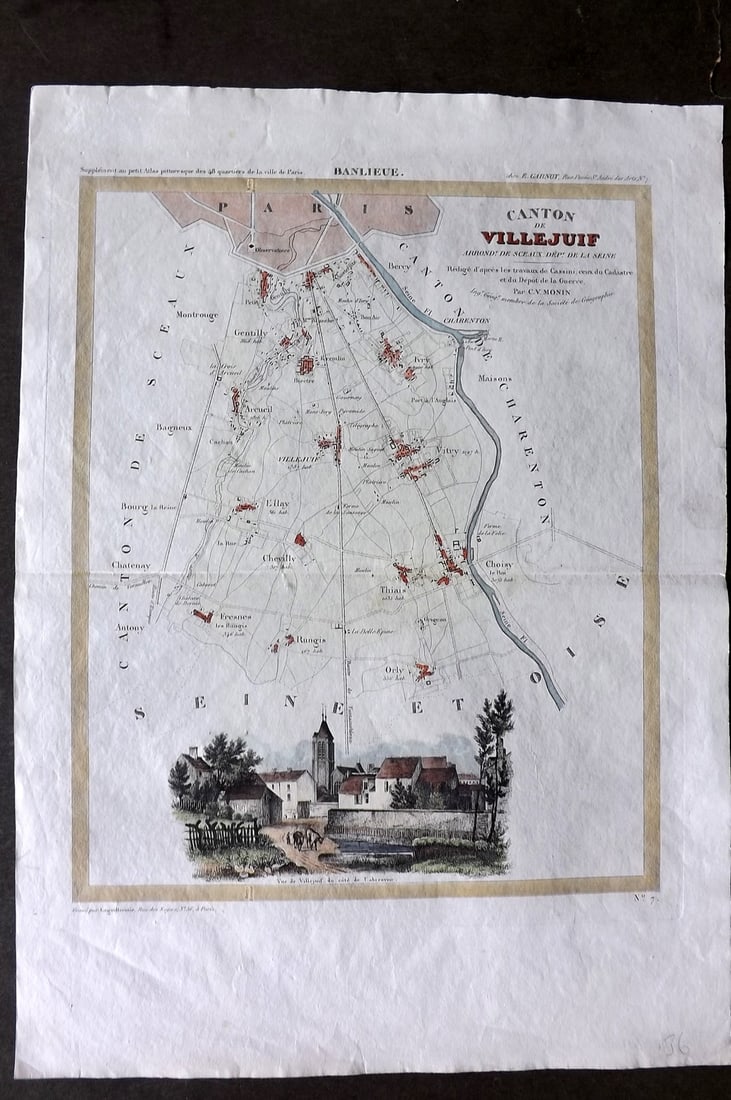 Perrot & Moni 1835 Hand Col Map. Canton de Villejuif, Paris France (1 of 1)