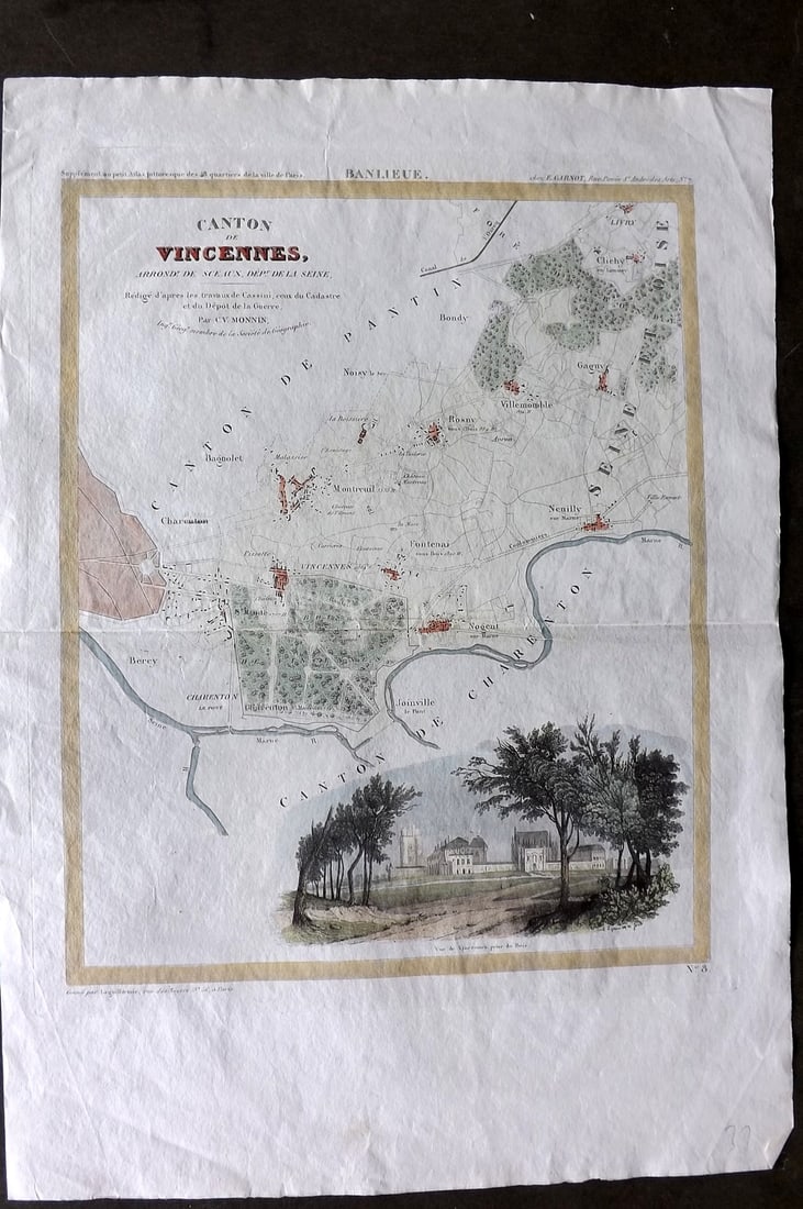 Perrot & Moni 1835 Hand Col Map. Canton de Vincennes, Paris France: Steel Engraved Map Published 1835, Paris for "Supplement au petit atlas pittoresque des 48 quartiers de la ville de Paris" by A. M. Perrot and Charles-V. Monin. Centre fold as published. Paper Size: 1