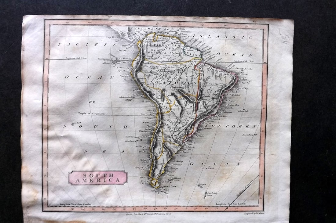 Barclay & Milton C1810 Antique Map. South America: Copper Engraved Map Published C1810, London for "Barclay's Universal Dictionary" by James Barclay. Original outline hand colour. Maps Engraved by W. Milton. Paper Size: 10 x 8 inch (26 x 20cm) Very mi