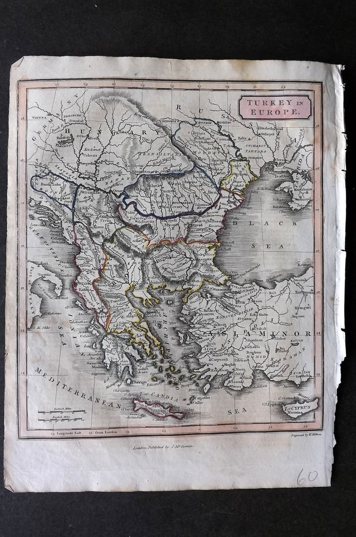 Barclay & Milton C1810 Antique Map. Turkey & Europe: Copper Engraved Map Published C1810, London for "Barclay's Universal Dictionary" by James Barclay. Original outline hand colour. Maps Engraved by W. Milton. Paper Size: 10 x 8 inch (26 x 20cm) Very mi
