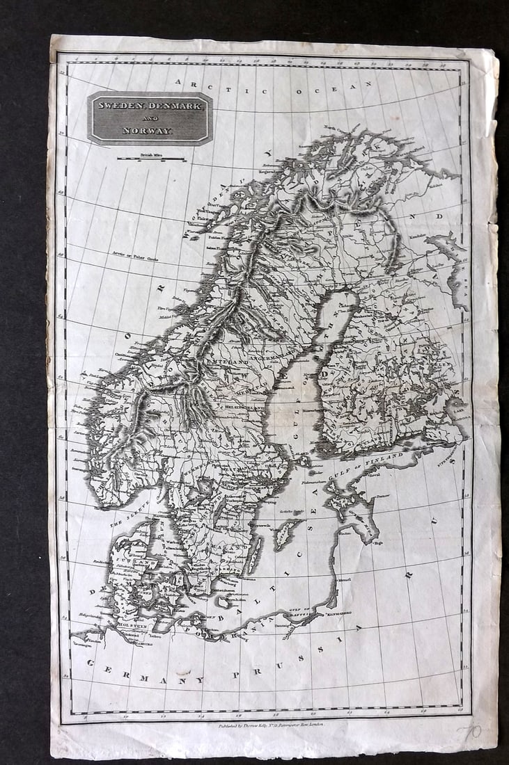 Kelly, Christopher 1816 Folio Map. Sweden, Denmark and Norway: Copper Engraved Map Published 1816, London for "A New and Complete System of Universal Geography" by Christopher Kelly. Maps Engraved by Findlay, Wallis and others. Folds as issued. Paper Size: 16.5 x