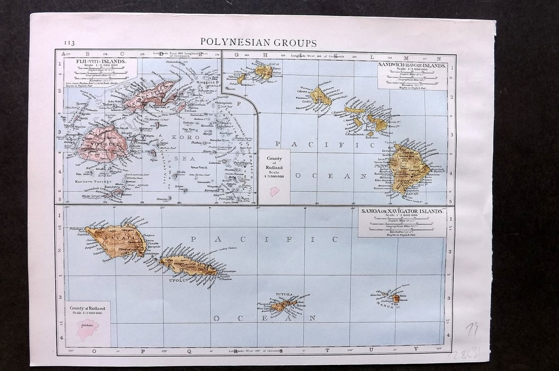 Times Atlas 1895 Antique Map. Polynesian Groups. Hawaii Sandwich Islands etc (1 of 1)